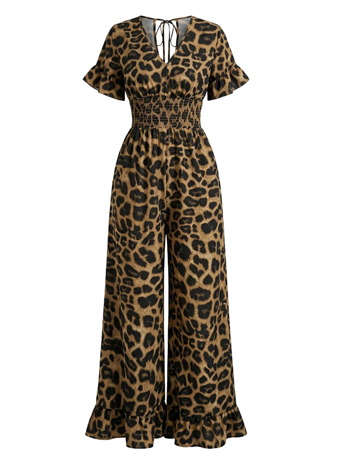 Braun 1930er Leopard Rüschen V-Ausschnitt Empire Taille Jumpsuit - Image 2