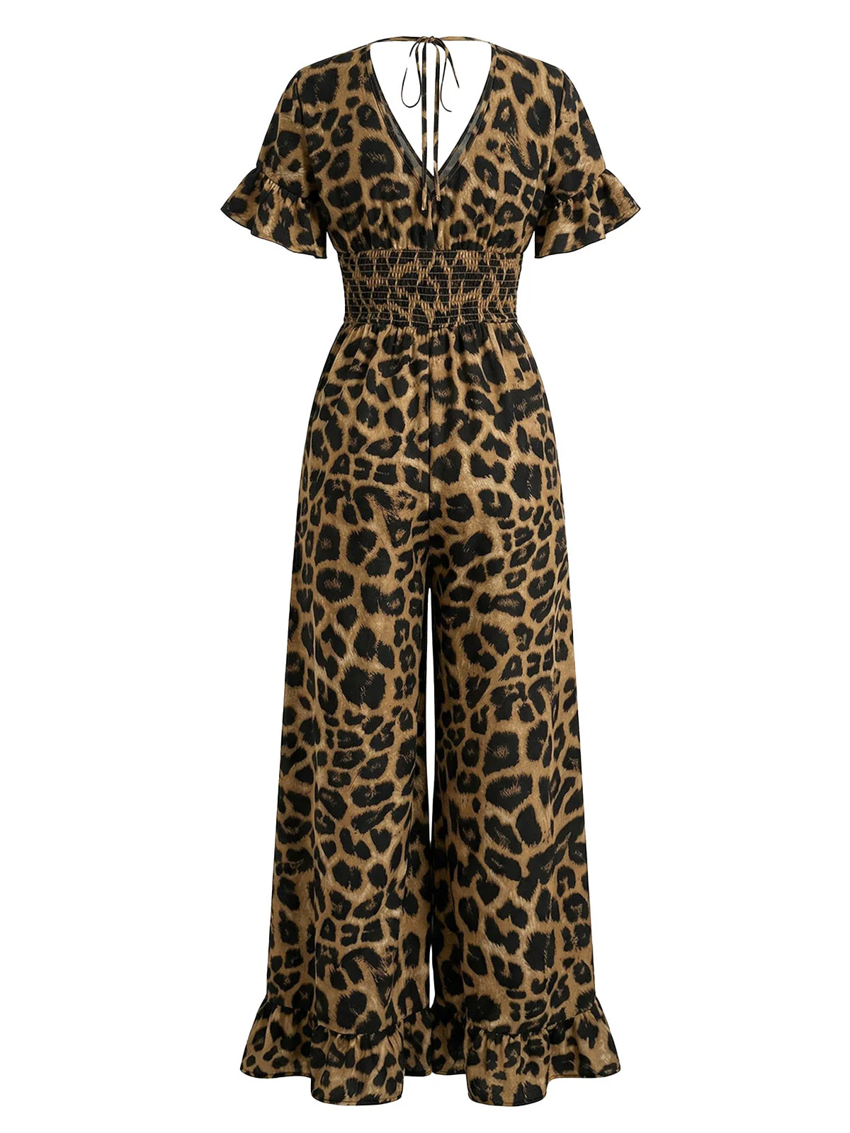 Braun 1930er Leopard Rüschen V-Ausschnitt Empire Taille Jumpsuit - Image 3