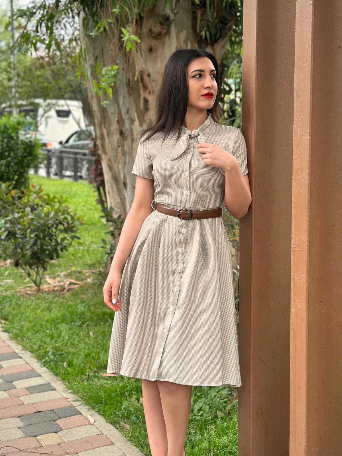 Braun 1940er Kleines Fensterkaro Plaid Kleid