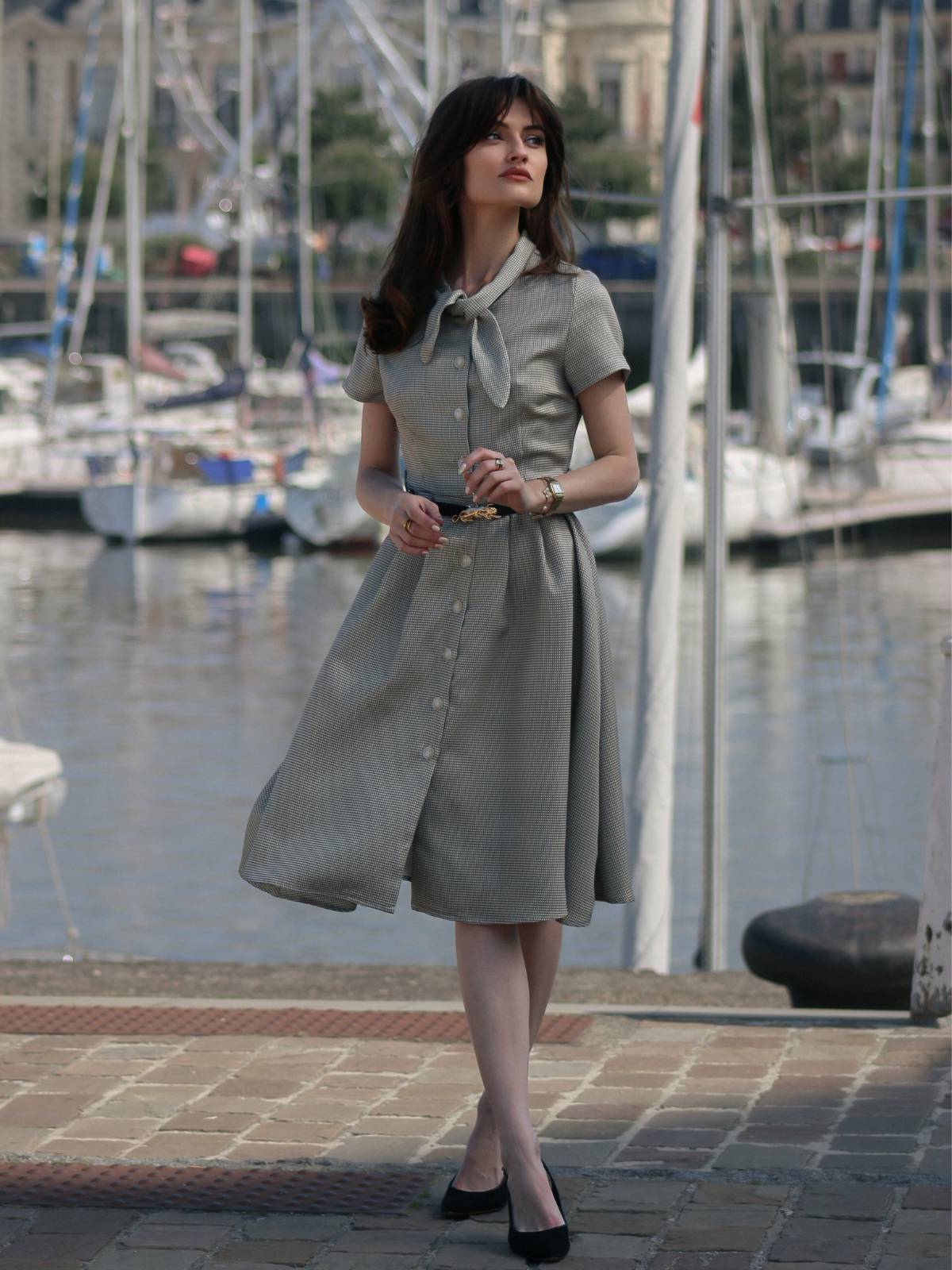 Braun 1940er Kleines Fensterkaro Plaid Kleid - Image 3