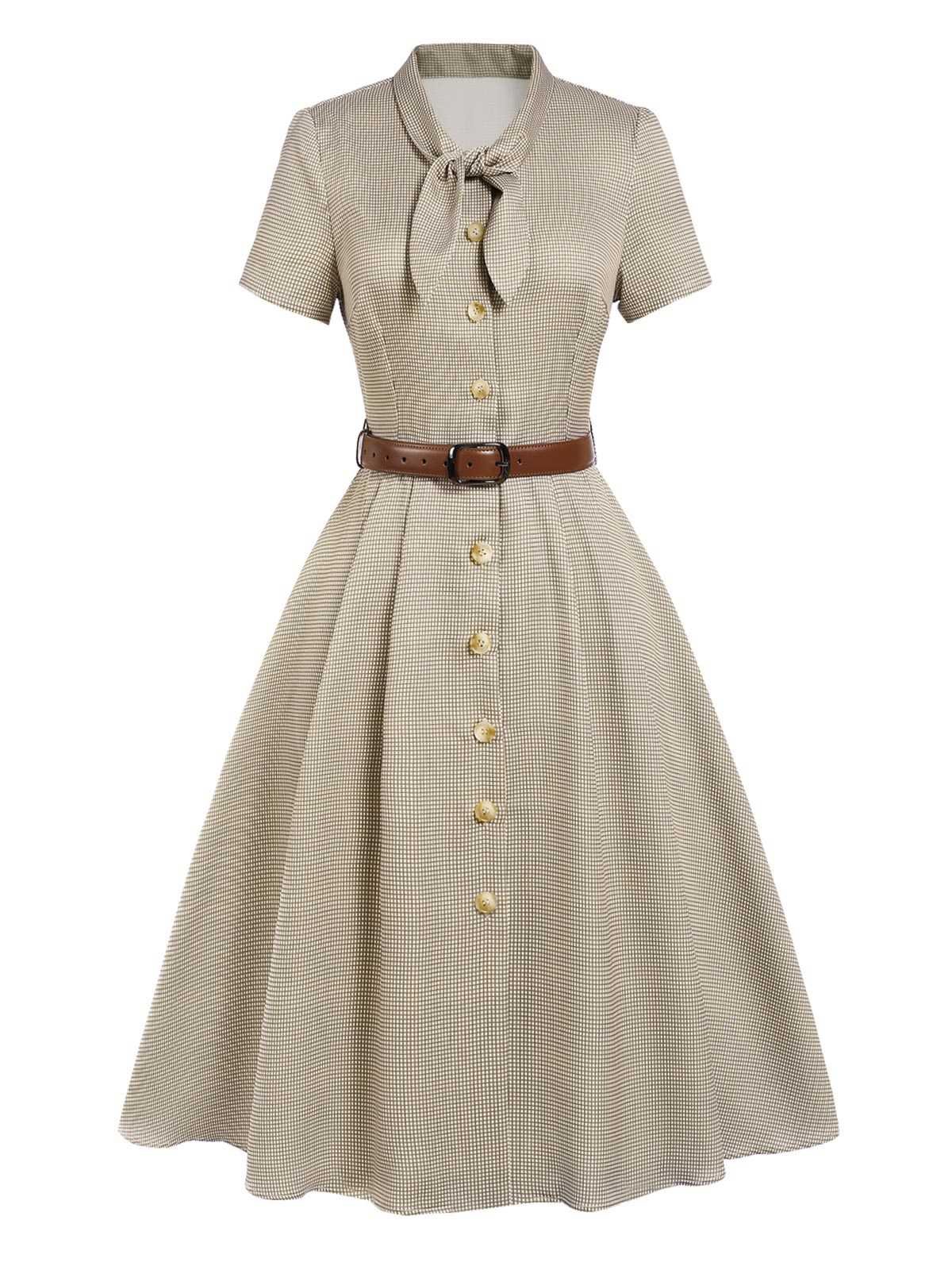 Braun 1940er Kleines Fensterkaro Plaid Kleid - Image 3