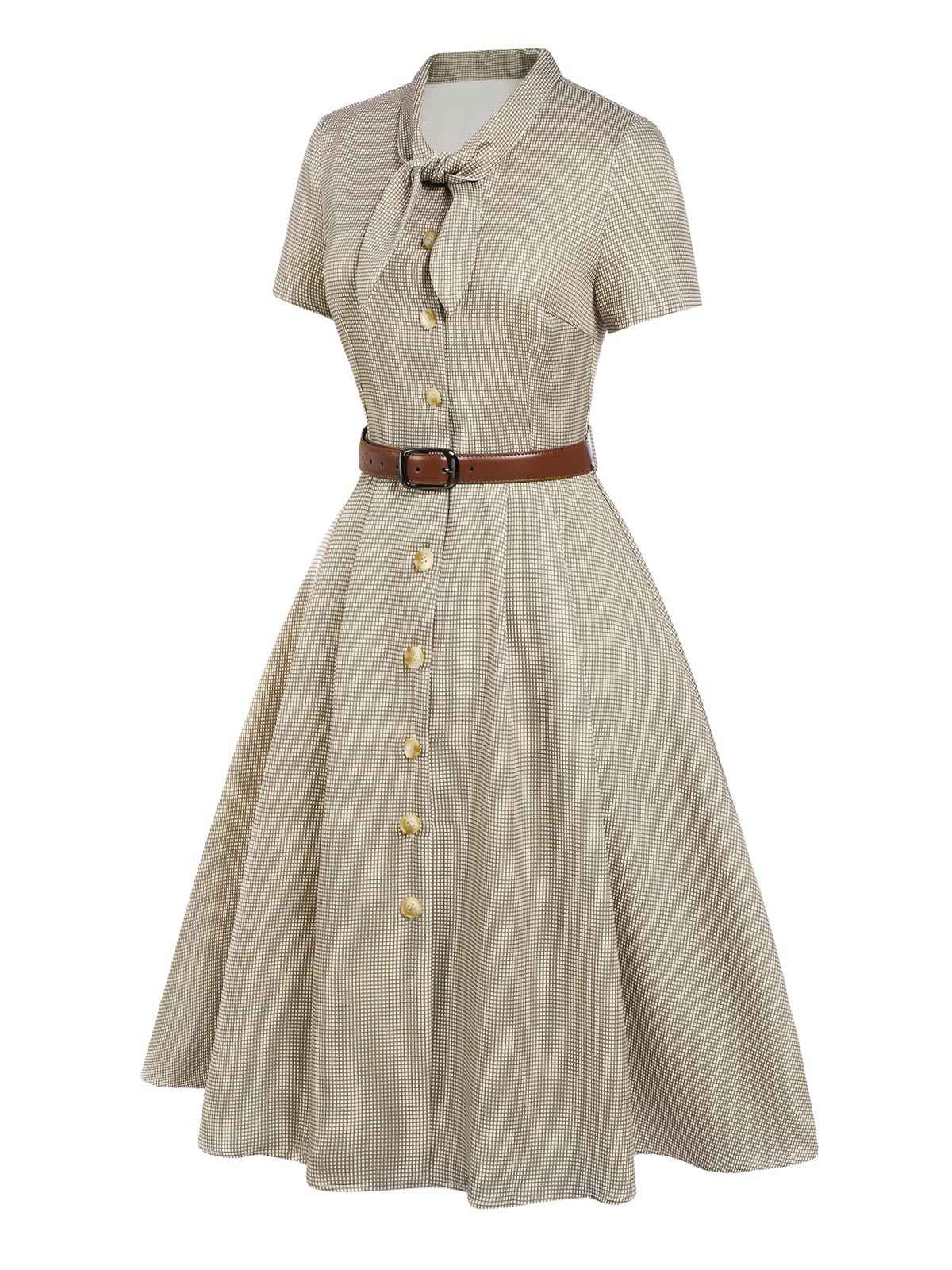 Braun 1940er Kleines Fensterkaro Plaid Kleid - Image 4