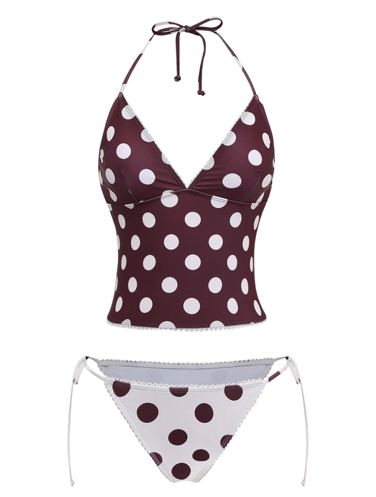 Braun 1940er Polka Dot Tiefer-V Halter Tankini Set - Image 2