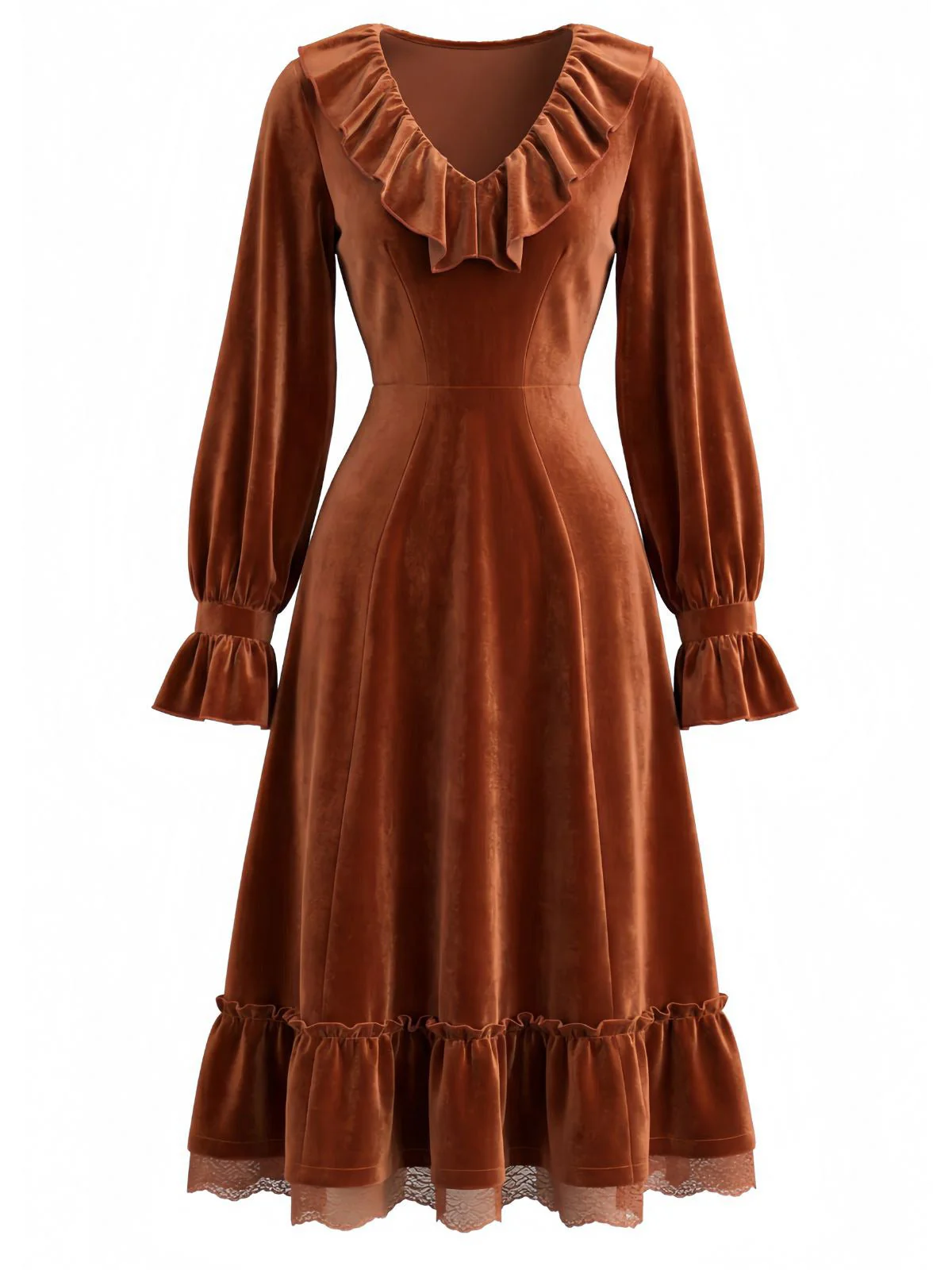 Braun 1940er Solide Cord Spitze Rüschen Kleid - Image 2