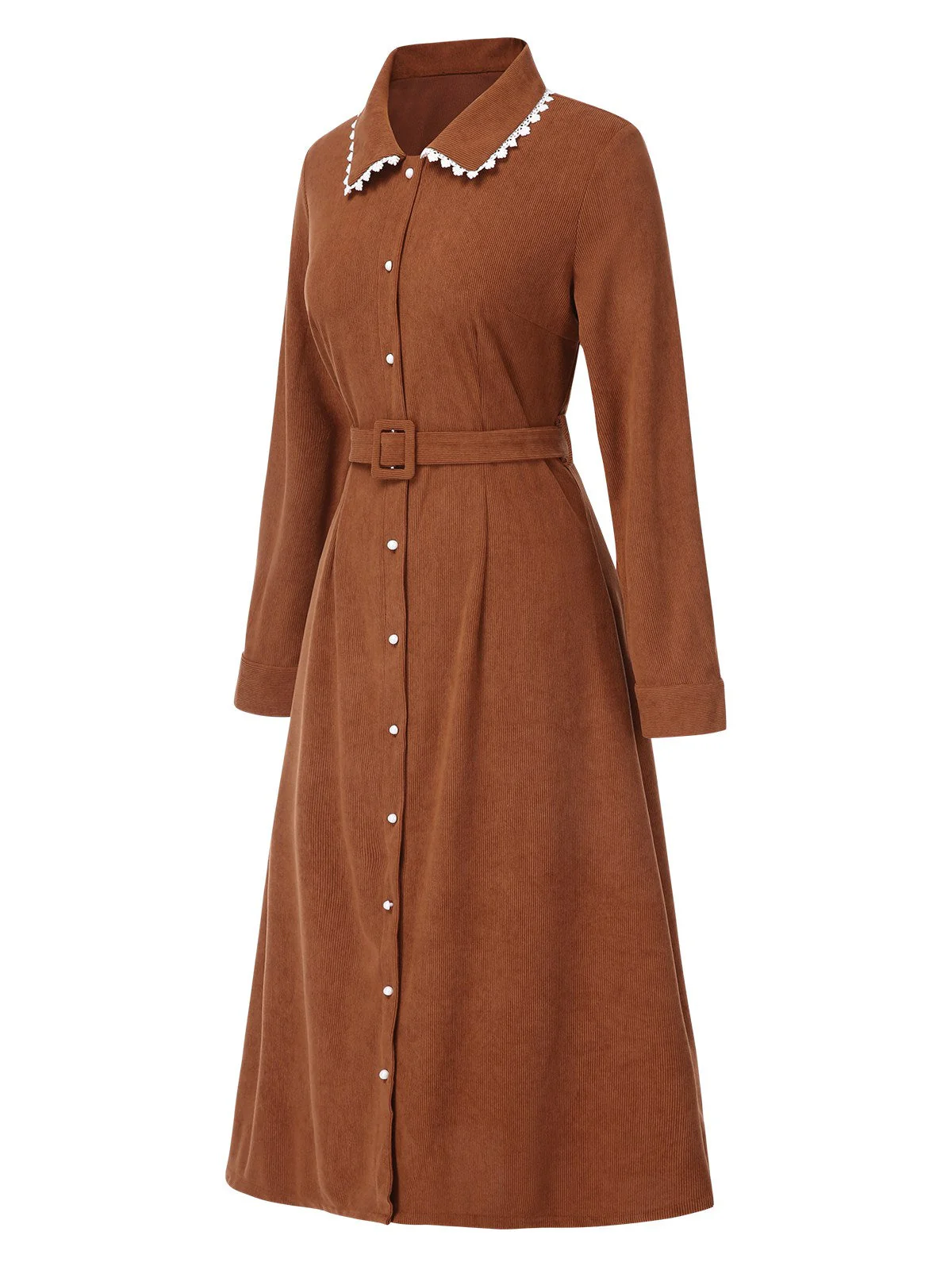 Braun 1940er Solide Revers Gürtel Cord Kleid - Image 2
