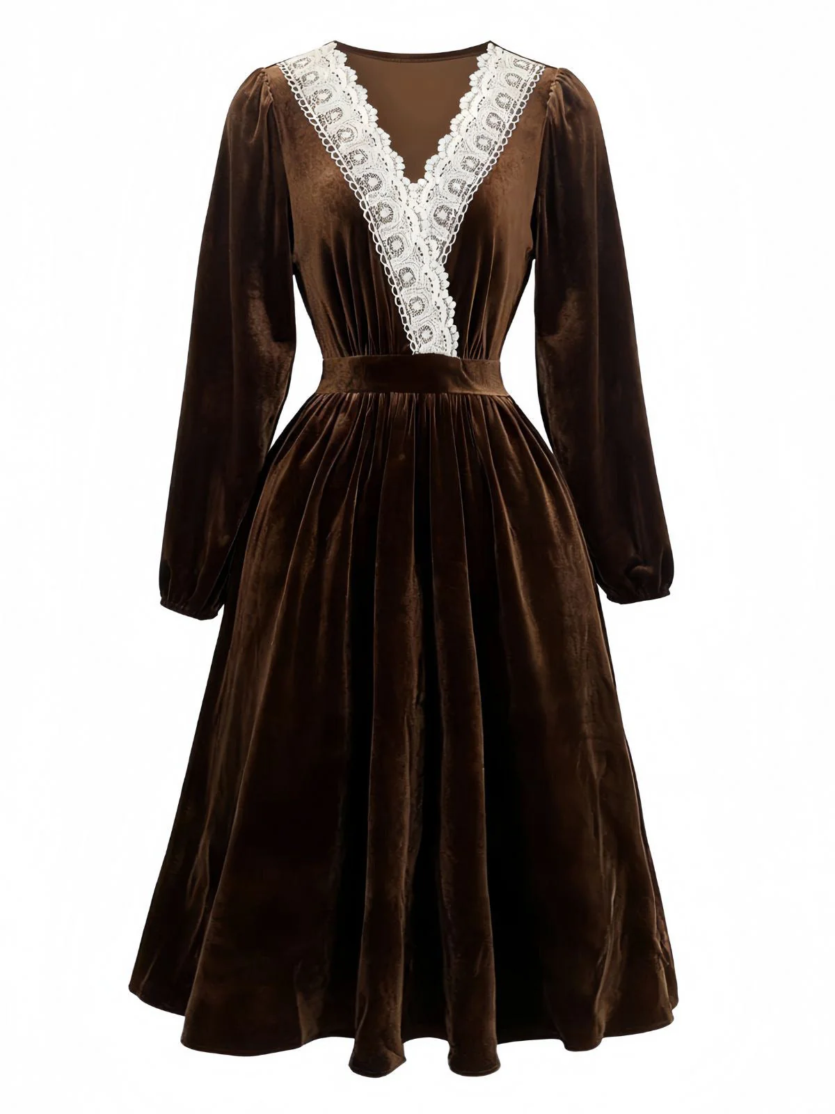 Braun 1940er Solide Spitze Patchwork Samt Kleid - Image 2
