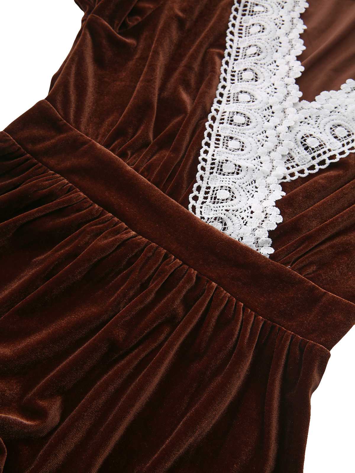Braun 1940er Solide Spitze Patchwork Samt Kleid - Image 5
