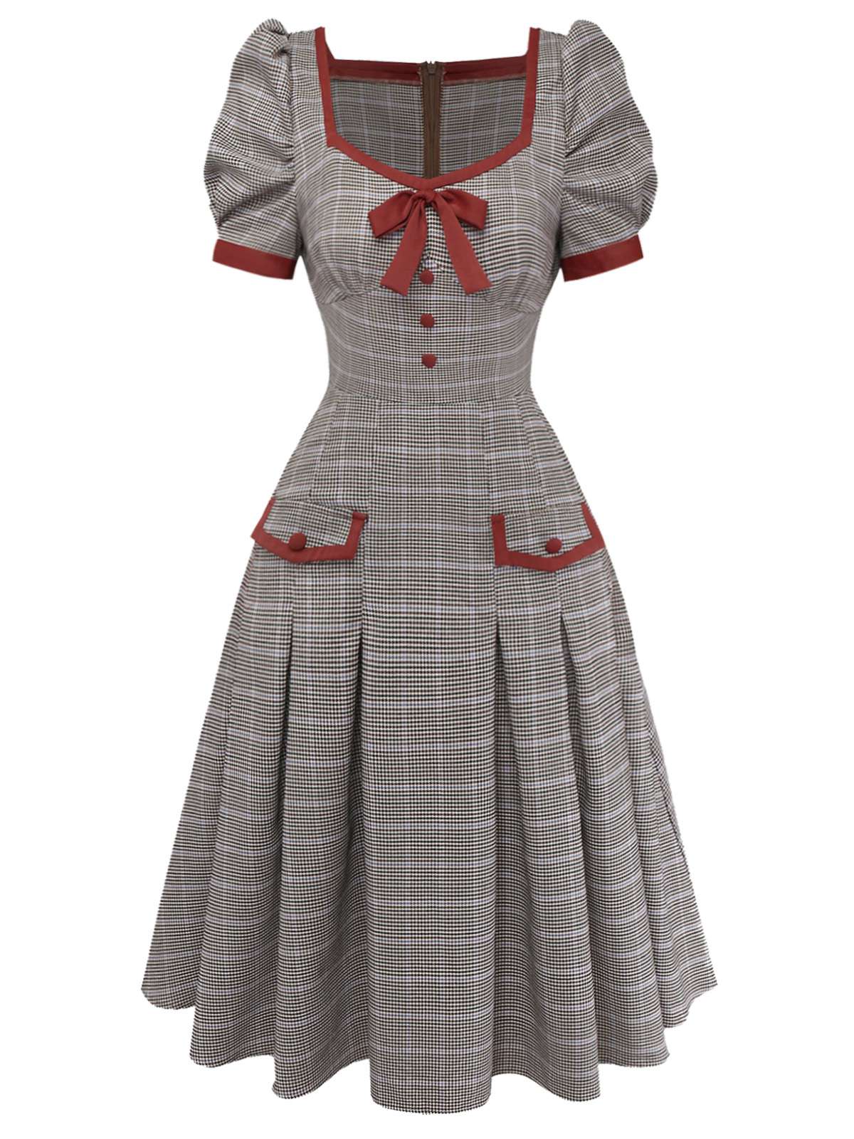 Braun 1950er Bogen Hahnentritt Plissiertes Kleid - Image 5