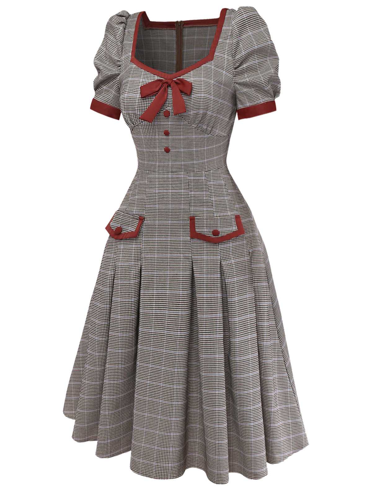 Braun 1950er Bogen Hahnentritt Plissiertes Kleid - Image 6