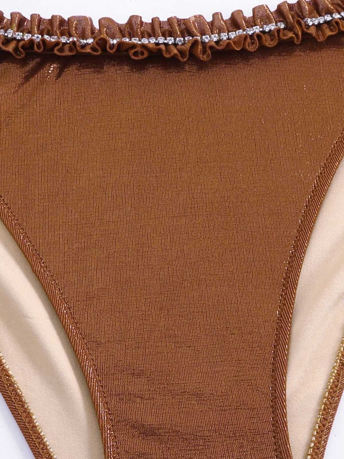 Braun 1950er Glänzend Strassstein Rüschen Bikini Set - Image 4