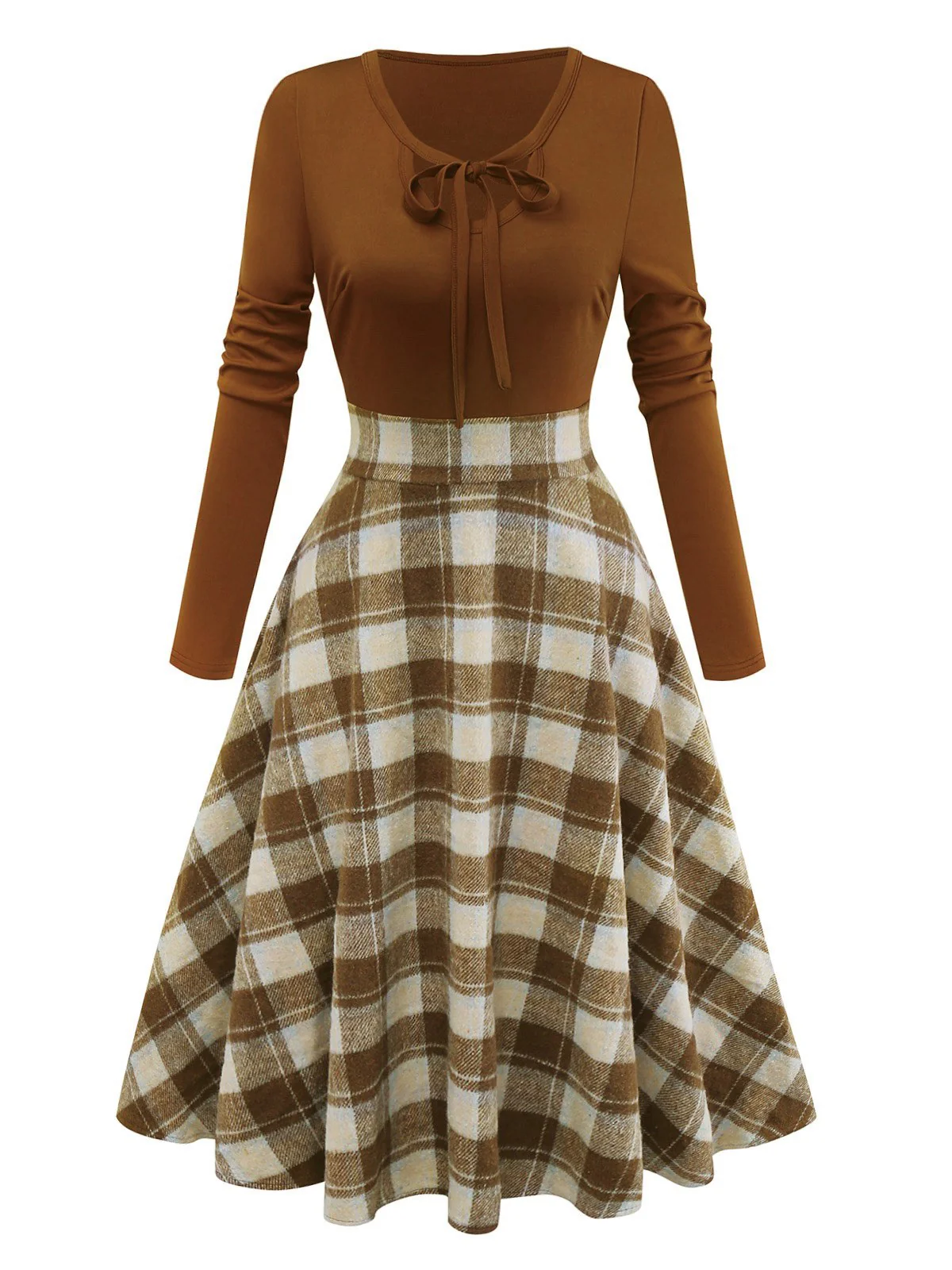Braun 1950er Krawattenhals Stricken Plaid Kleid - Image 2