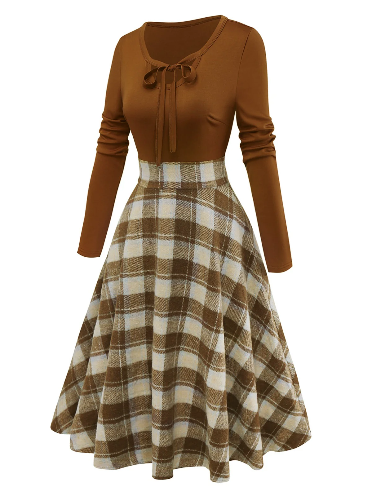Braun 1950er Krawattenhals Stricken Plaid Kleid - Image 3