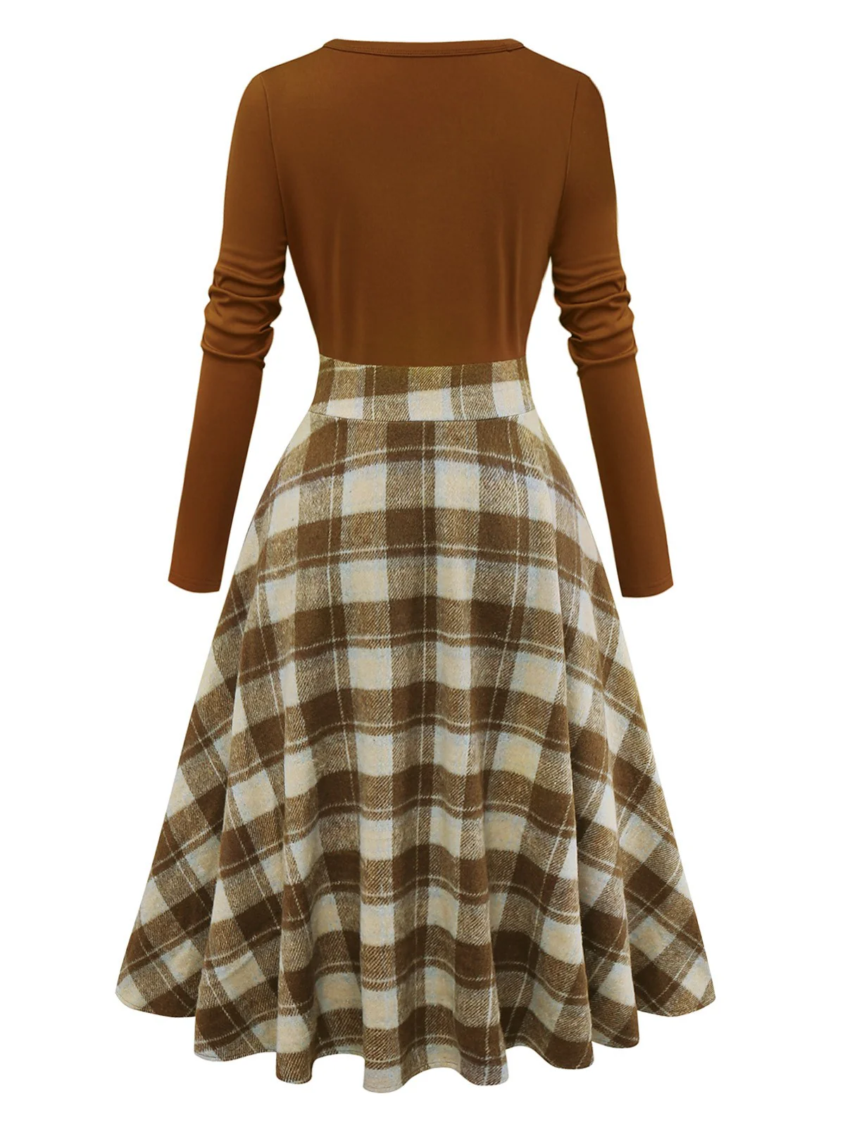 Braun 1950er Krawattenhals Stricken Plaid Kleid - Image 4