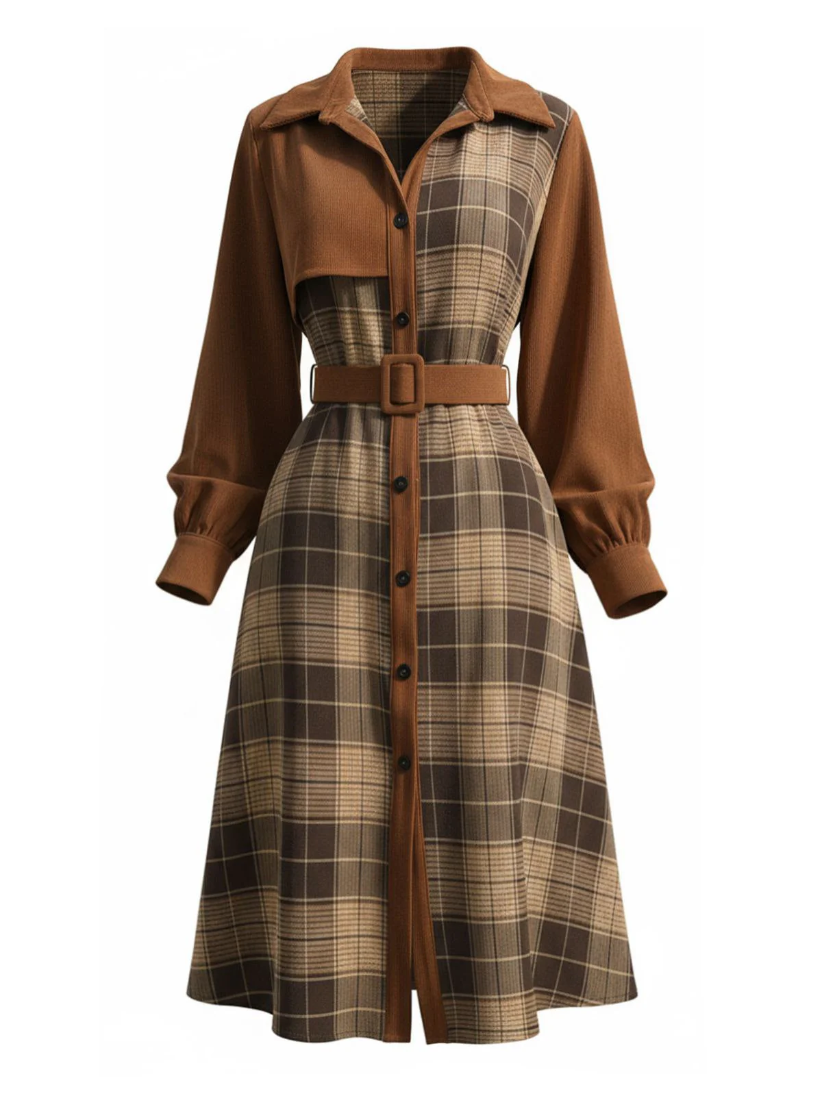Braun 1950er Plaid Cord Hemdkragen Kleid - Image 2