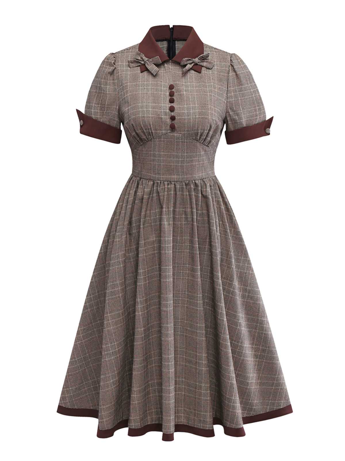 Braun 1950er Revers Plaid Bogen Kleid - Image 2