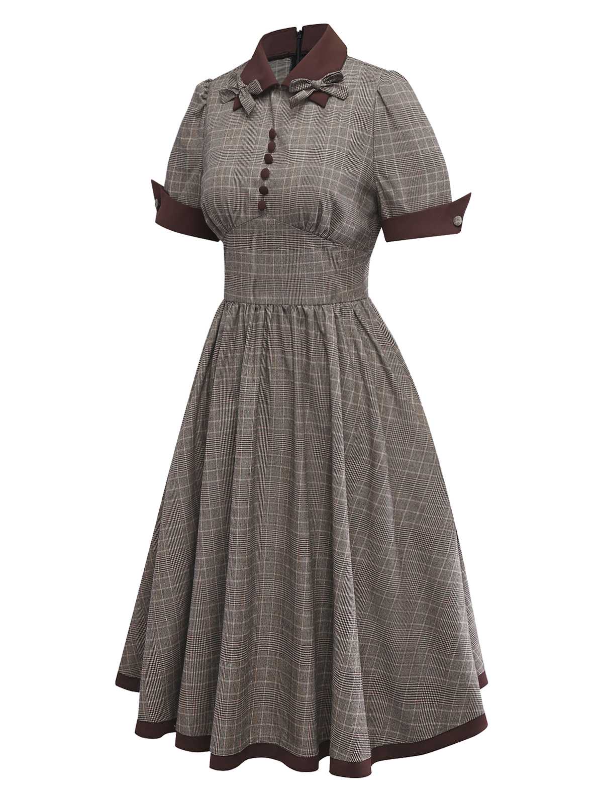 Braun 1950er Revers Plaid Bogen Kleid - Image 3