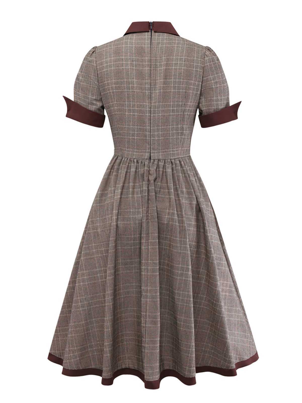 Braun 1950er Revers Plaid Bogen Kleid - Image 4