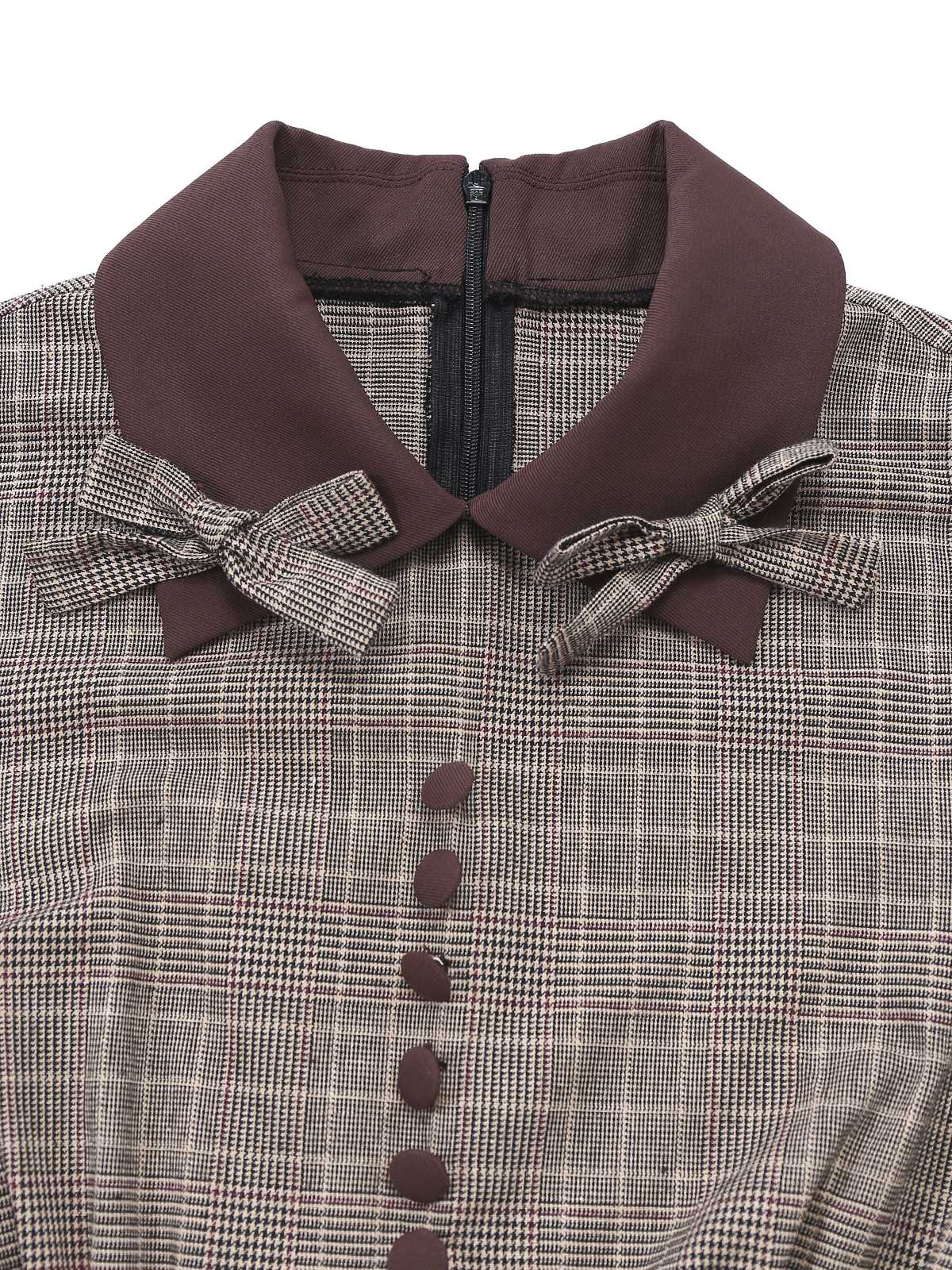 Braun 1950er Revers Plaid Bogen Kleid - Image 5