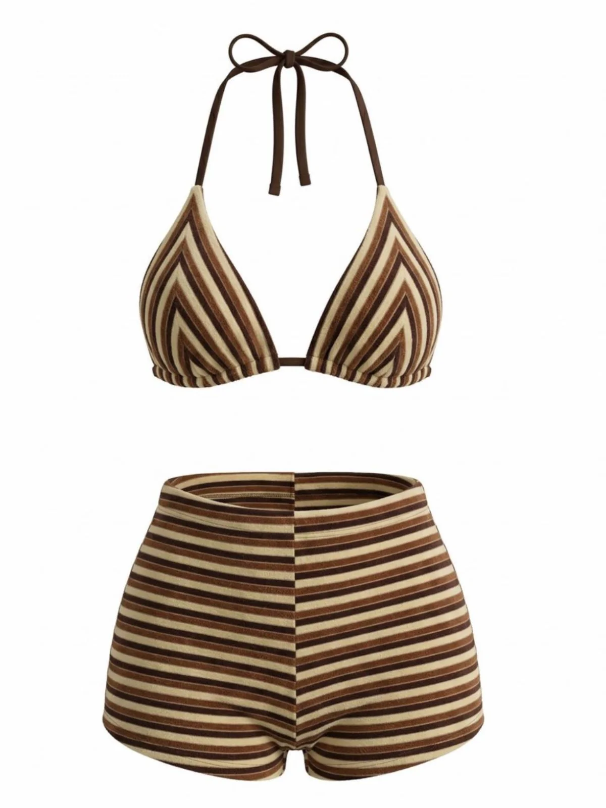 Braun 1950er Streifen Frottee Halter Bikini Set - Image 2