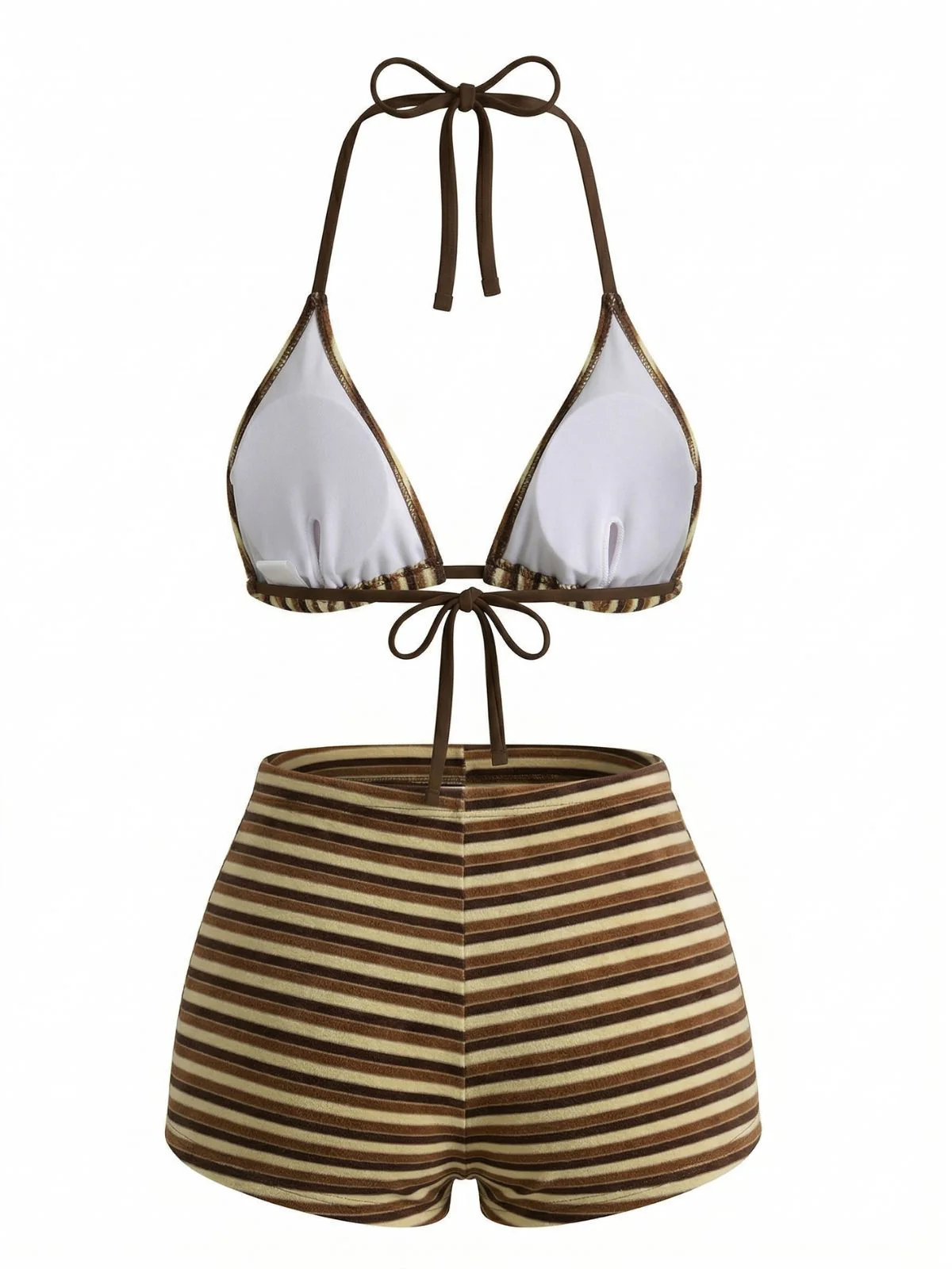 Braun 1950er Streifen Frottee Halter Bikini Set - Image 3