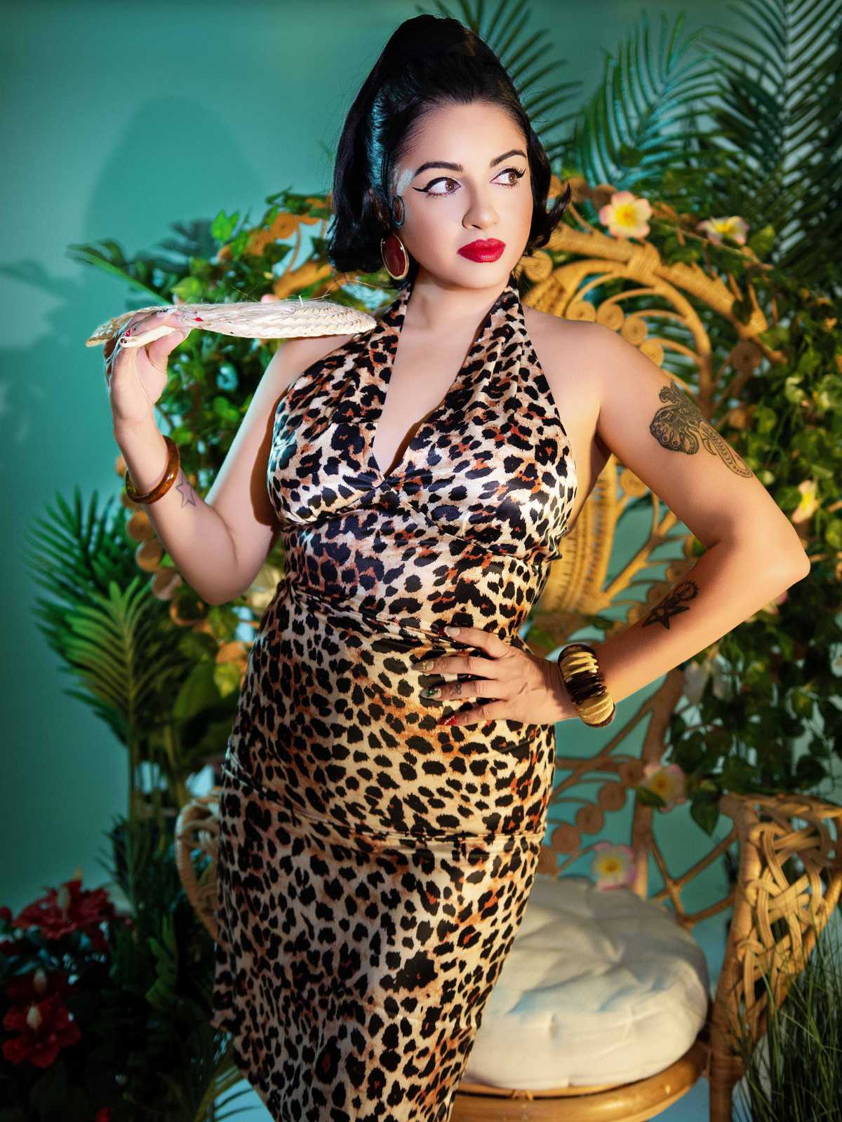 Braun 1960er Halter V-Ausschnitt Leopard Kleid - Image 3