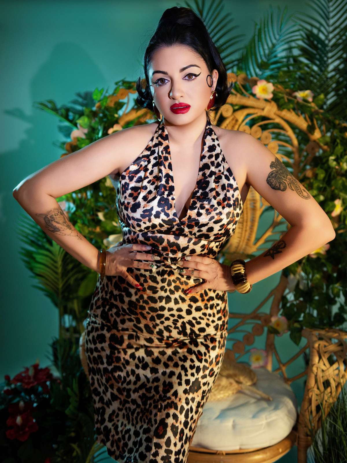 Braun 1960er Halter V-Ausschnitt Leopard Kleid - Image 3