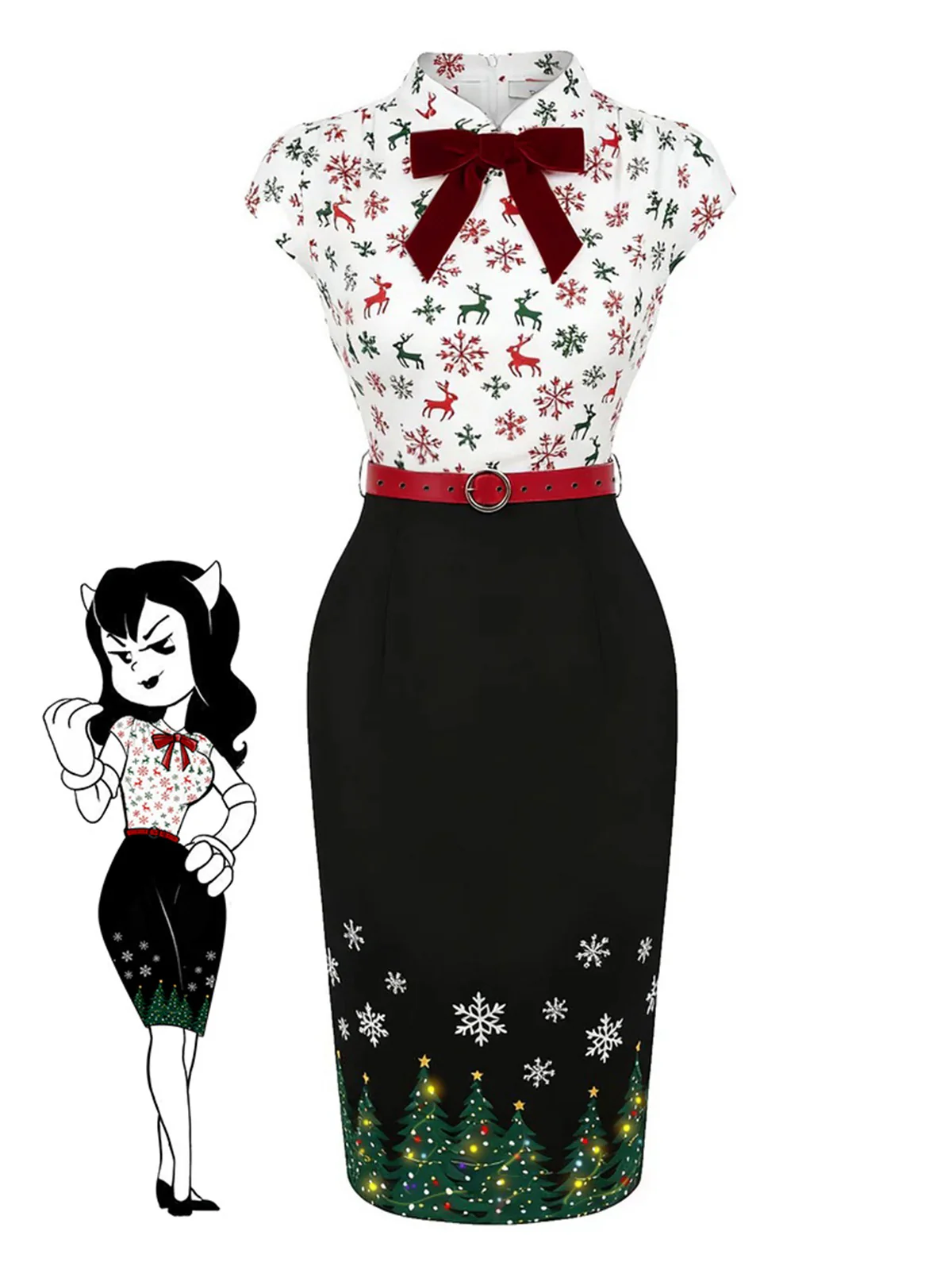 Schwarz 1960er Weihnachtsbaum Rentier Bleistift Kleid