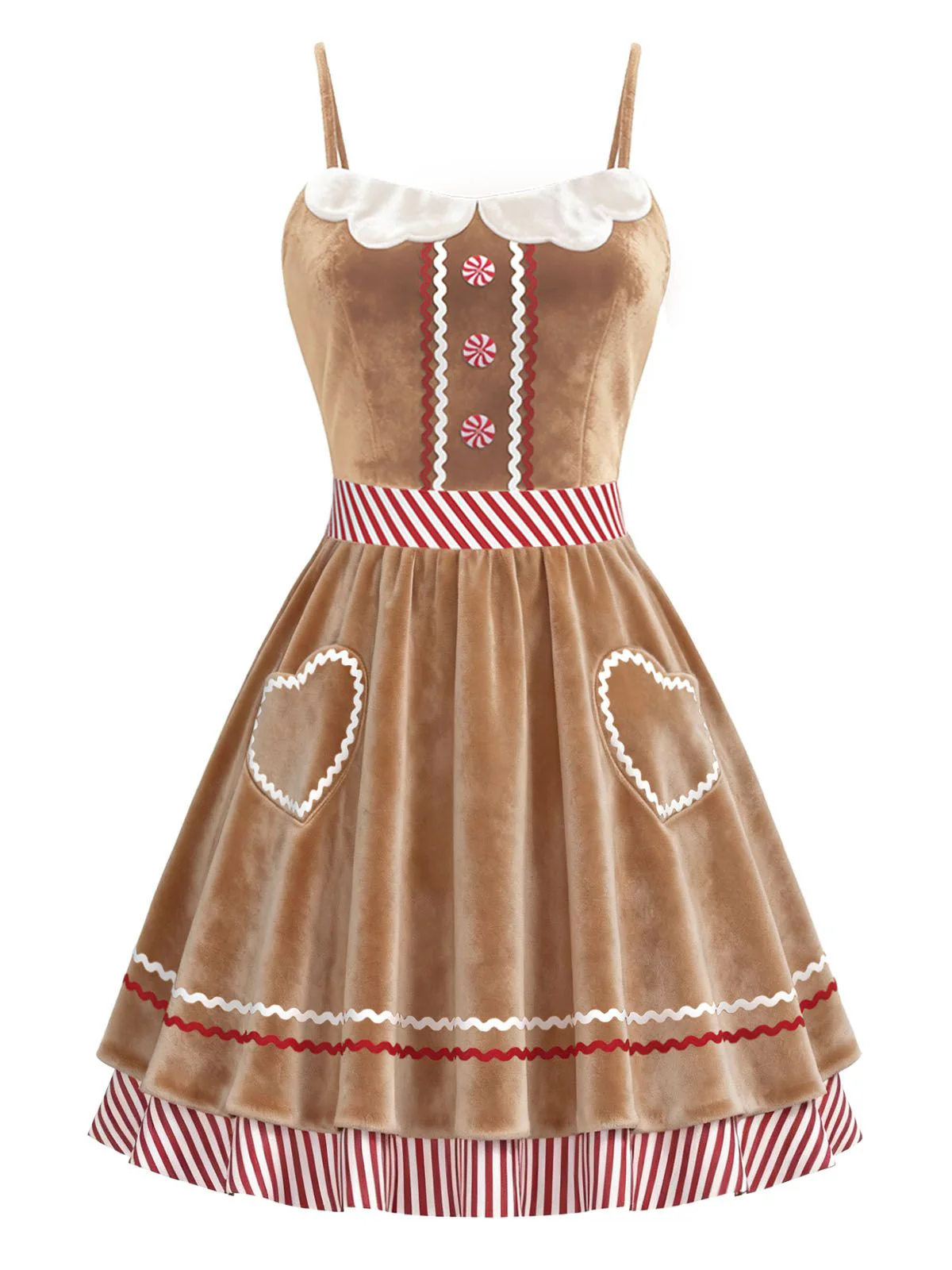 Braun 1960er Lebkuchen Herz Streifen Samt Träger Kleid - Image 2