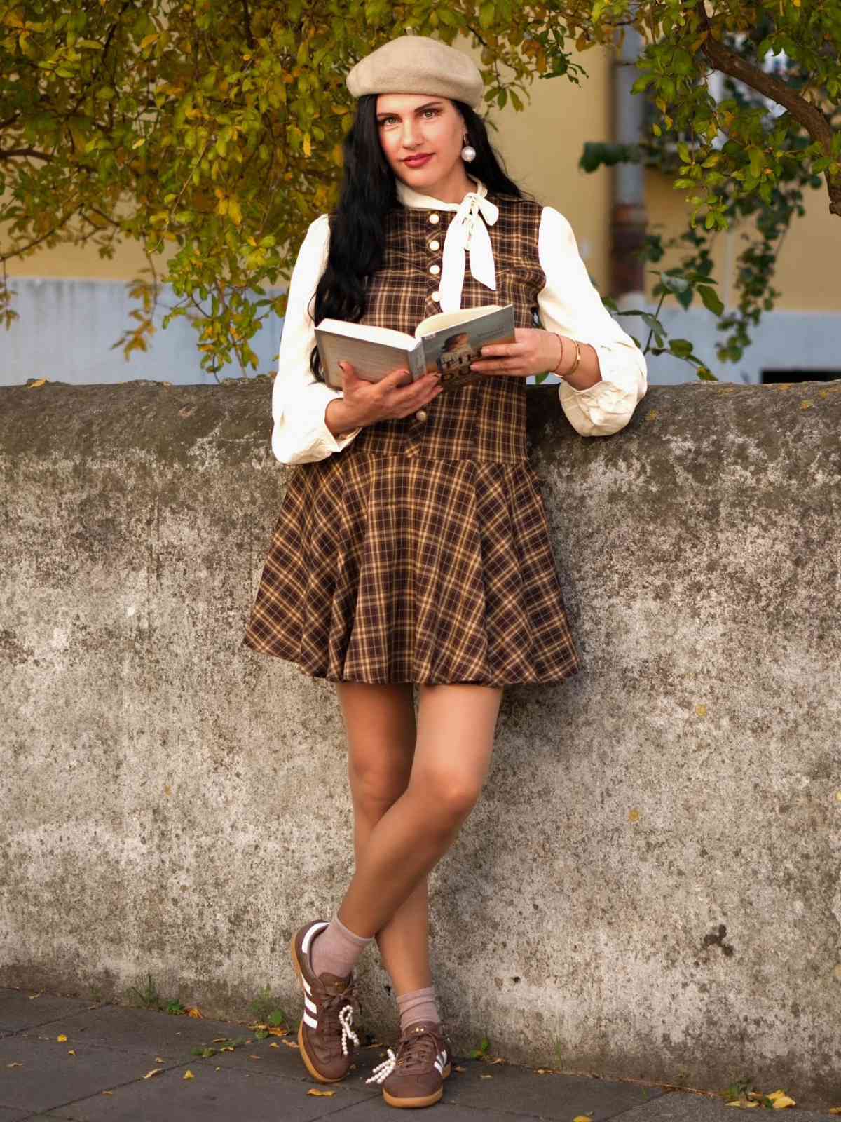 Braun 1960er Plaid Bogen Tie Taste Swing Kleid