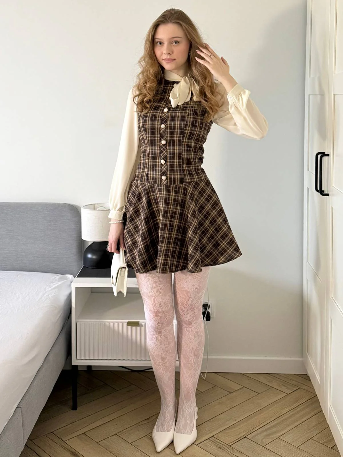 Braun 1960er Plaid Bogen Tie Taste Swing Kleid - Image 2