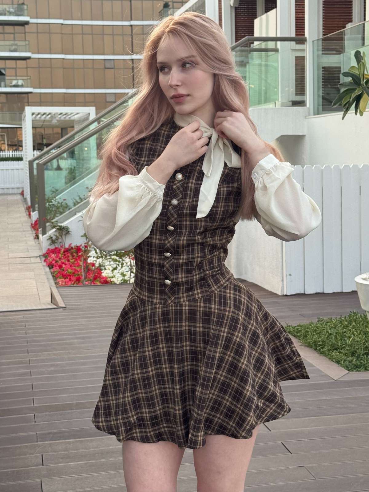 Braun 1960er Plaid Bogen Tie Taste Swing Kleid - Image 3