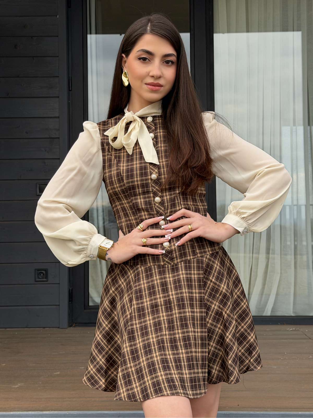 Braun 1960er Plaid Bogen Tie Taste Swing Kleid