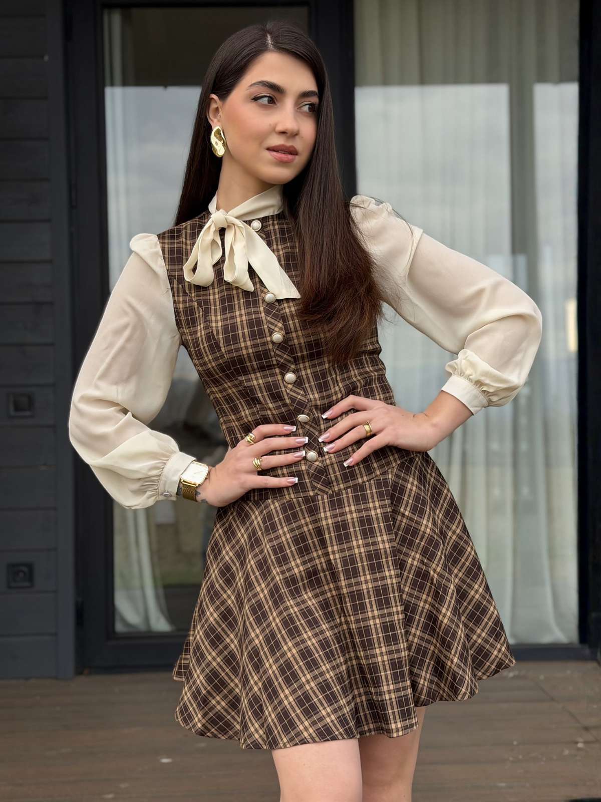 Braun 1960er Plaid Bogen Tie Taste Swing Kleid - Image 2