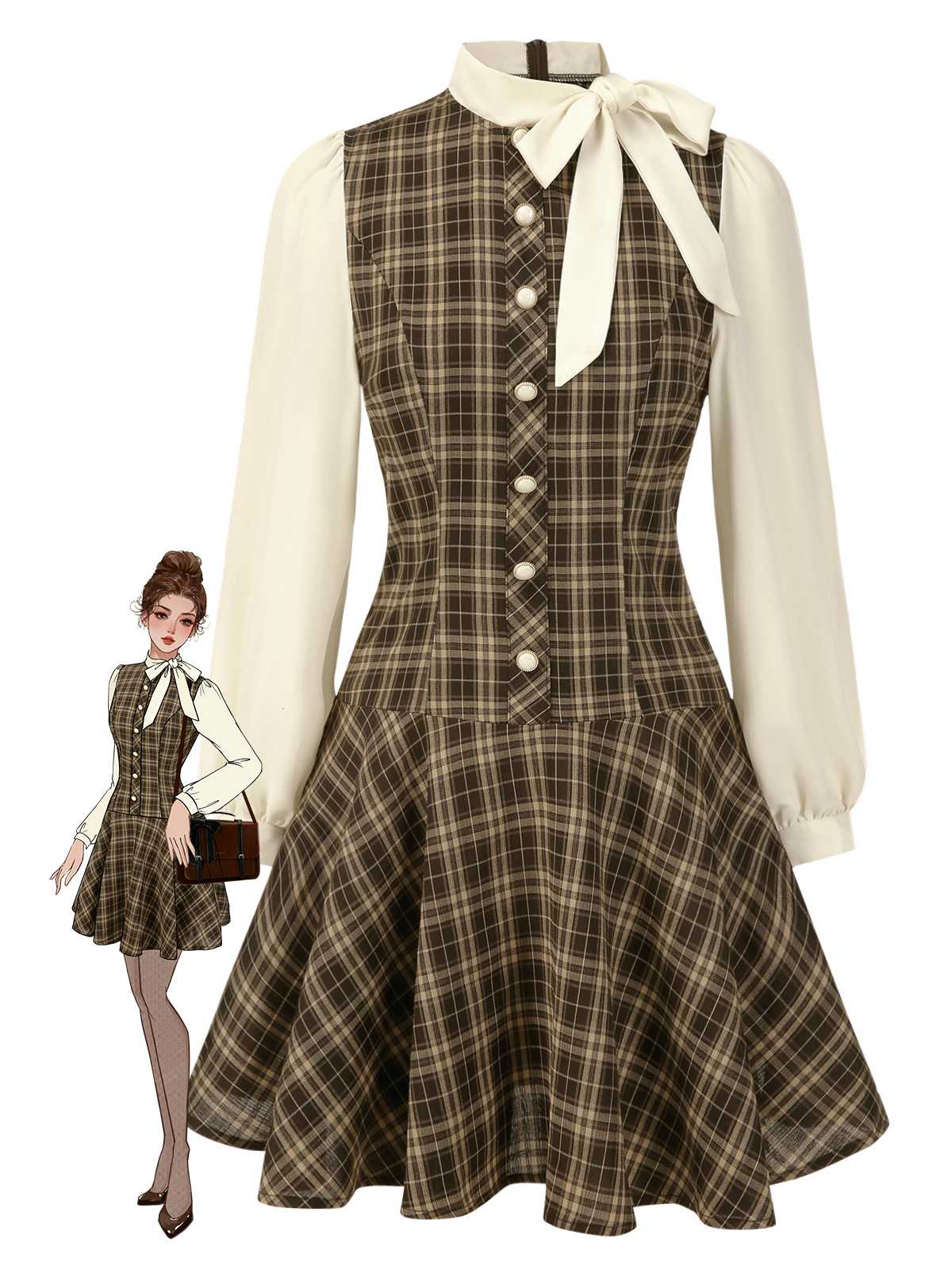 Braun 1960er Plaid Bogen Tie Taste Swing Kleid - Image 3