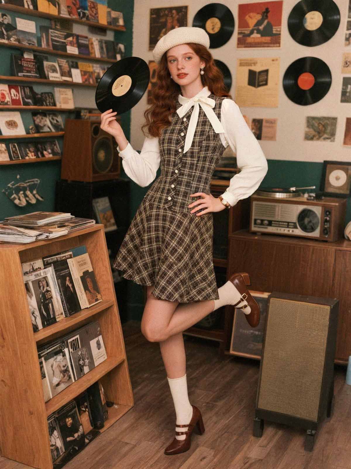 Braun 1960er Plaid Bogen Tie Taste Swing Kleid - Image 4