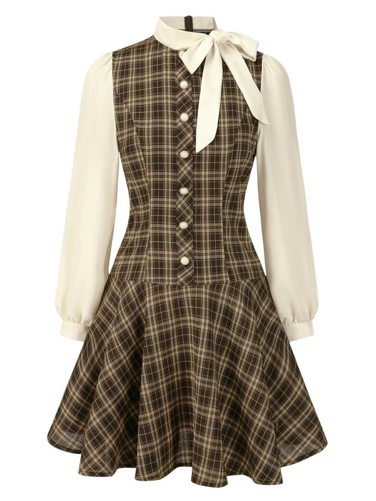 Braun 1960er Plaid Bogen Tie Taste Swing Kleid - Image 5