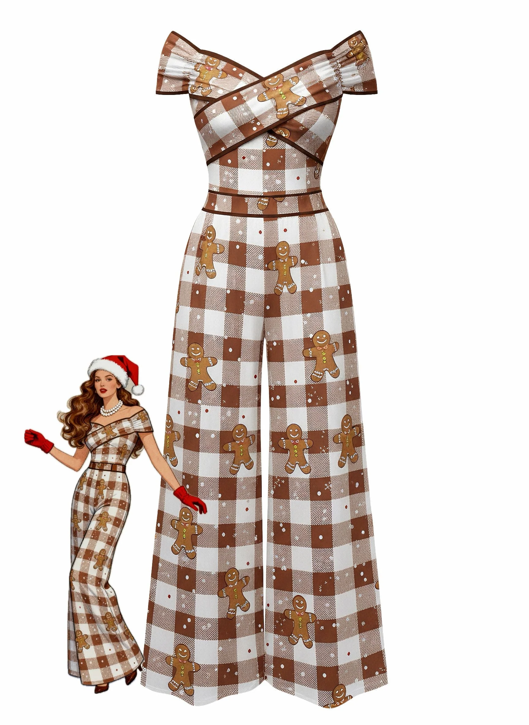 Braun 1960er Schulterfrei Lebkuchen Jumpsuit