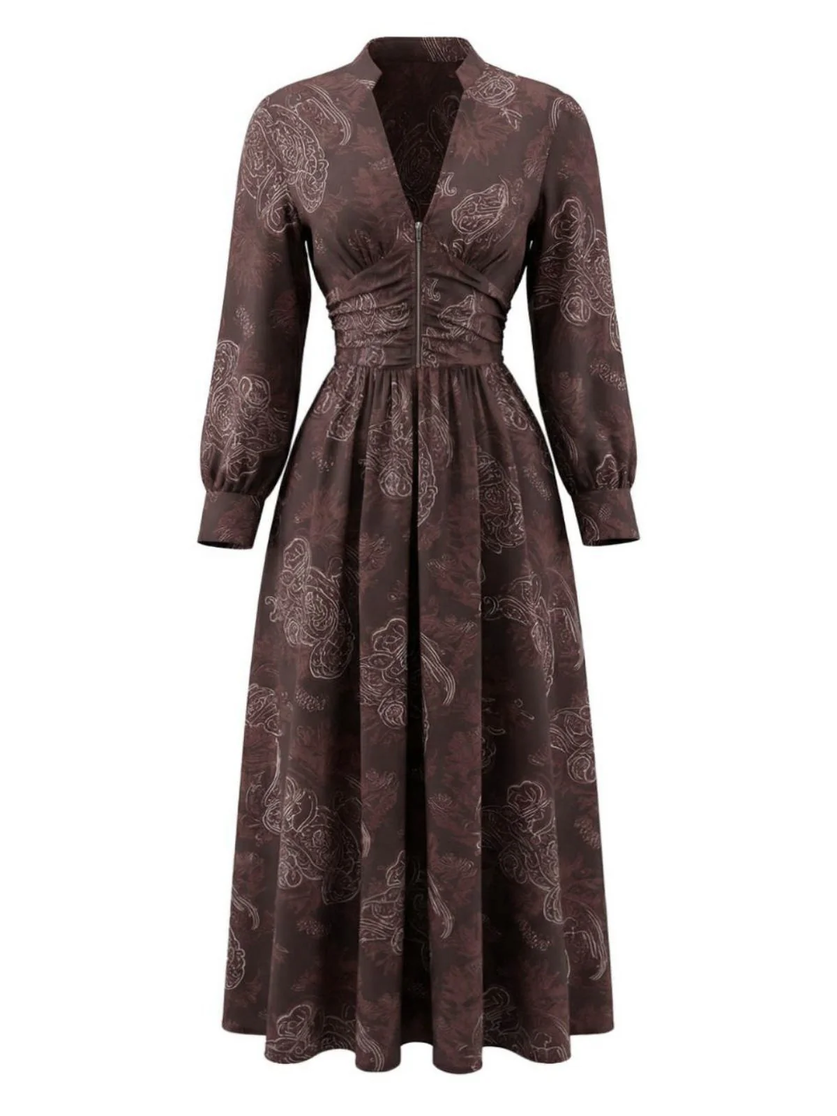 Braun 1970er Boho Paisley Steh V-Ausschnitt Gesmokt Kleid - Image 2