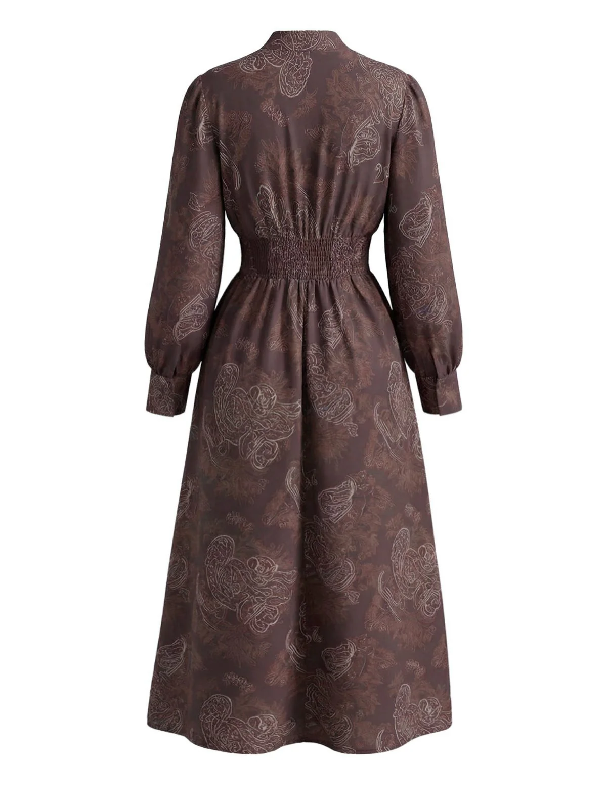 Braun 1970er Boho Paisley Steh V-Ausschnitt Gesmokt Kleid - Image 3