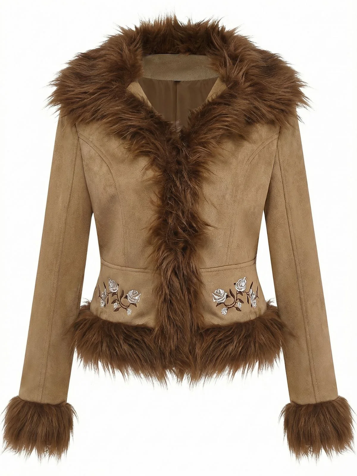 Braun 1970er Kunstwildleder Pelzbesatz Rose Bestickt Jacke - Image 2