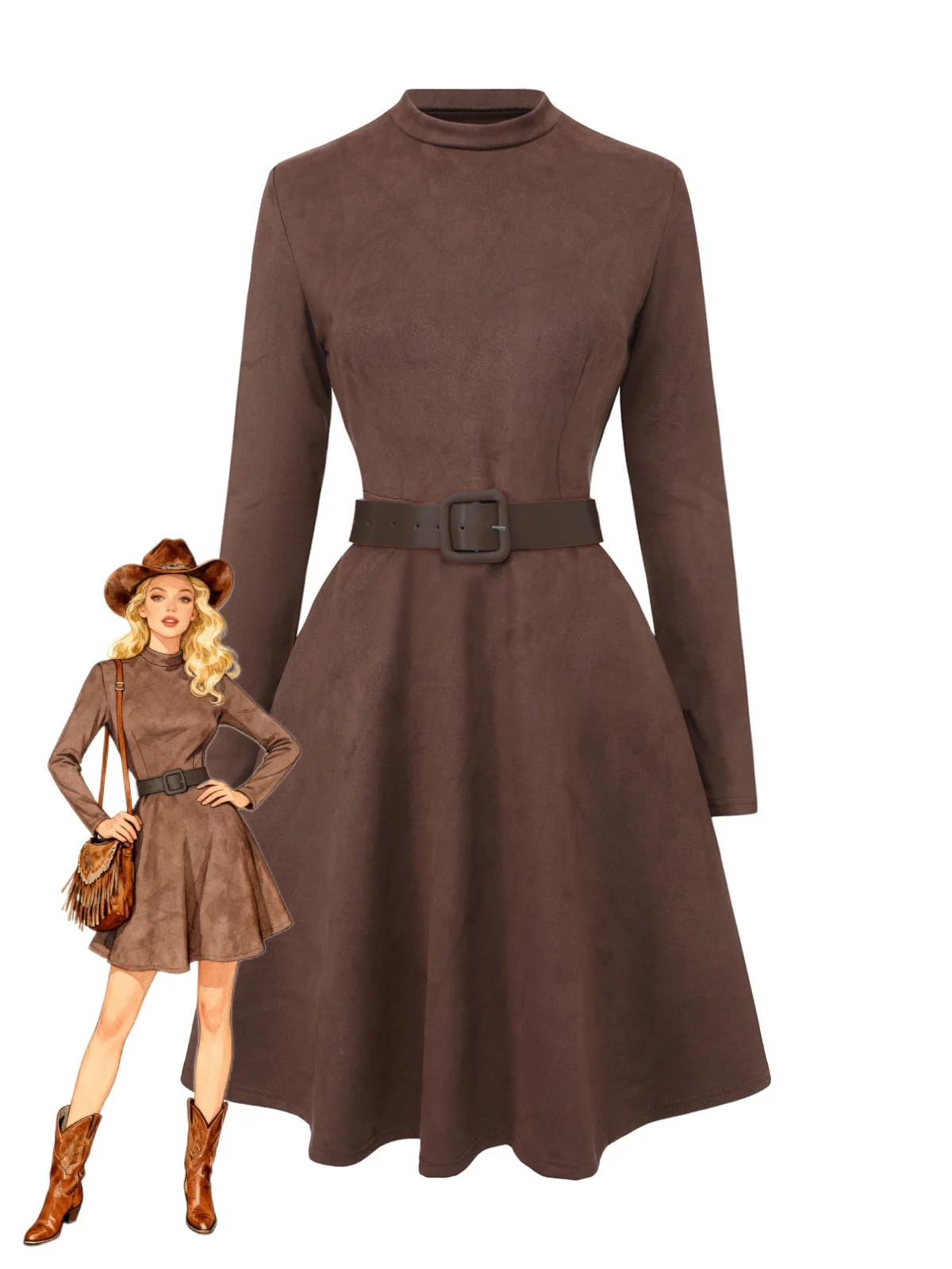 Braun 1970er Lang Ärmel Rundhals Gürtel Kleid
