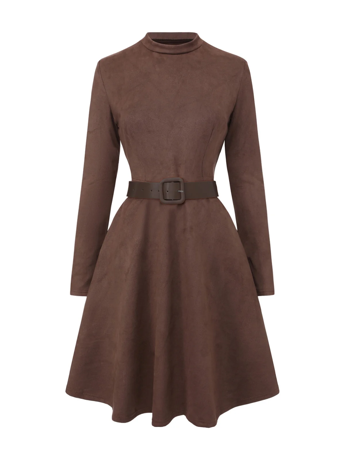 Braun 1970er Lang Ärmel Rundhals Gürtel Kleid - Image 2