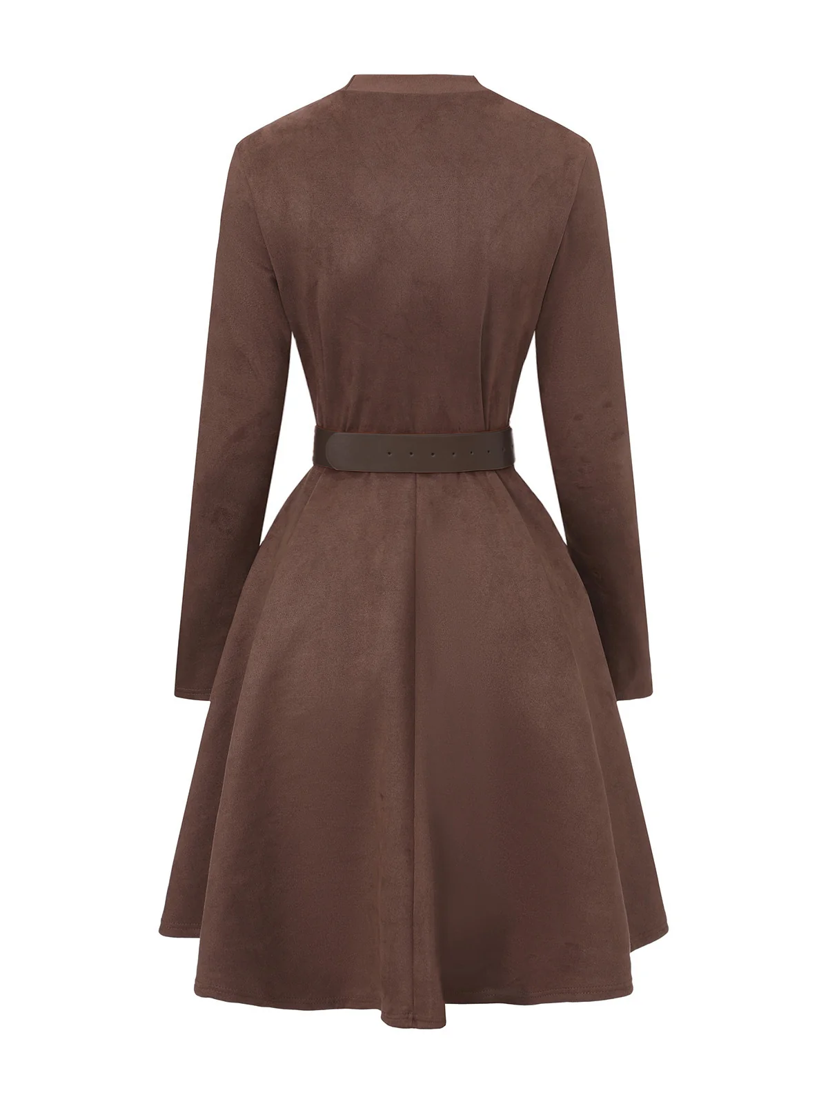 Braun 1970er Lang Ärmel Rundhals Gürtel Kleid - Image 3