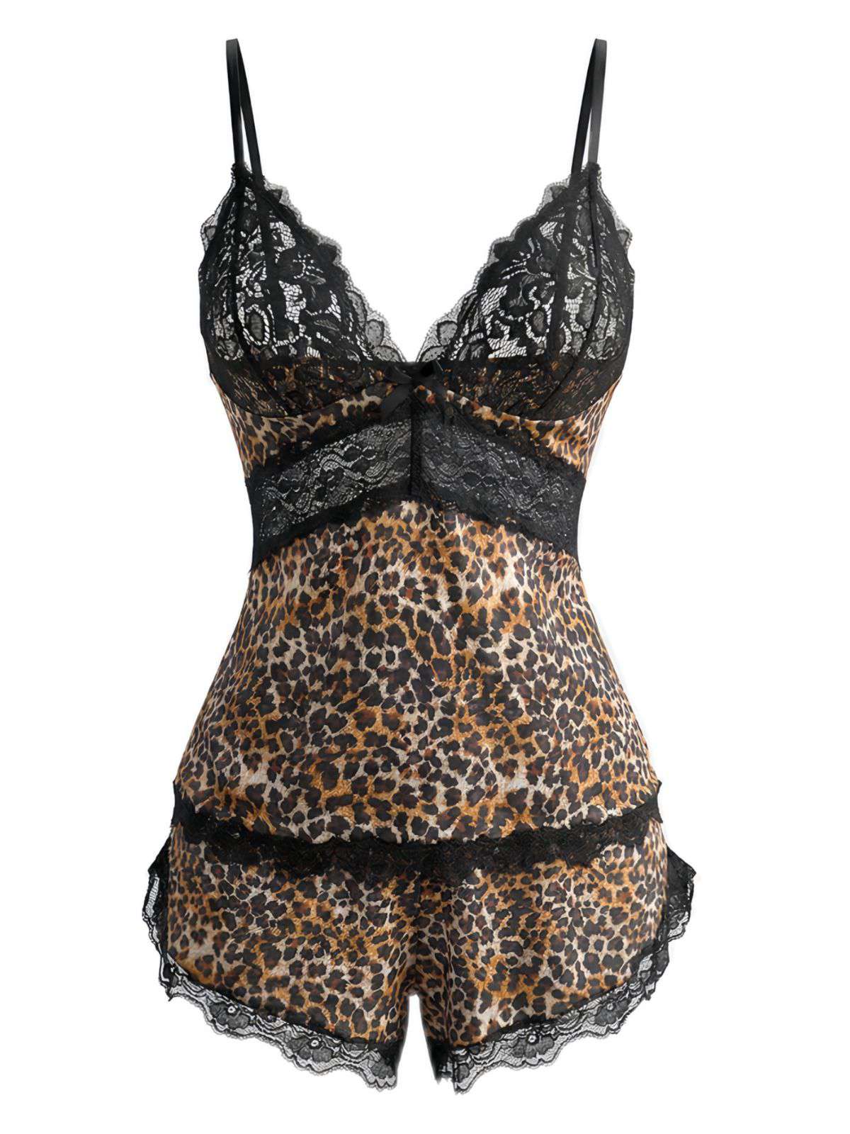 Braun 1970er Leopard Spitze Spaghetti Träger Pajama Set - Image 2