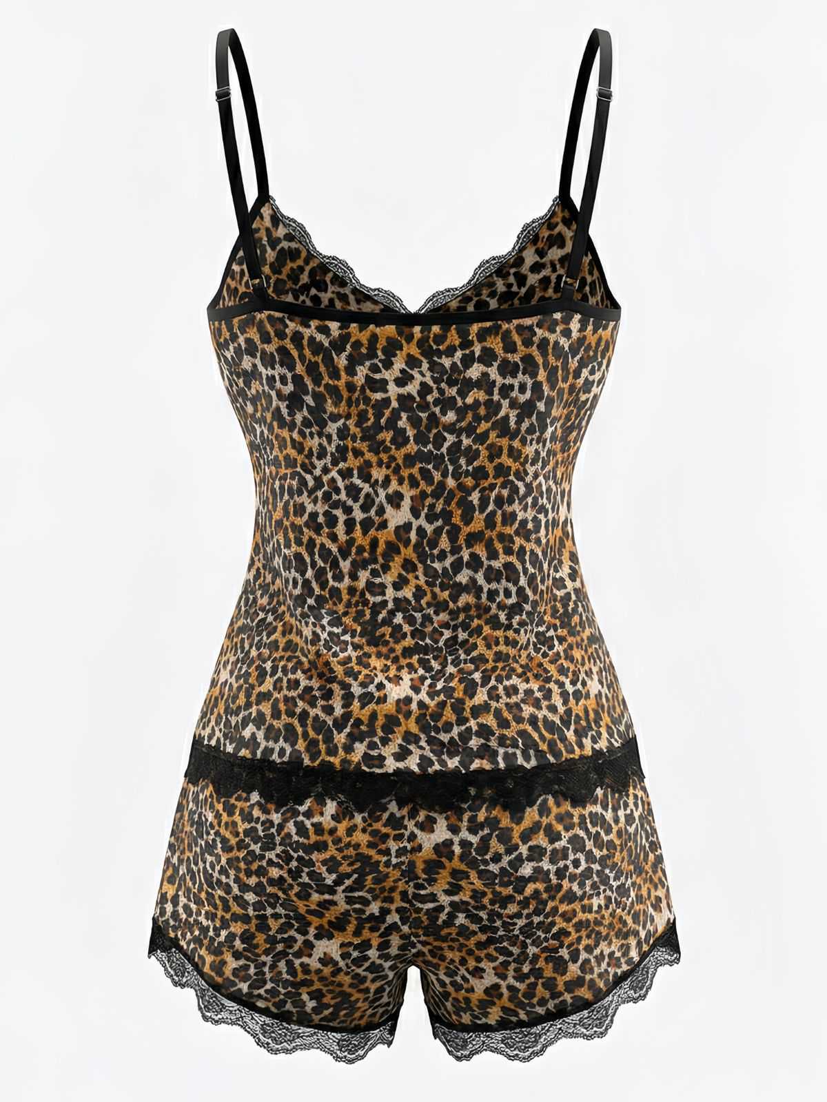 Braun 1970er Leopard Spitze Spaghetti Träger Pajama Set - Image 4