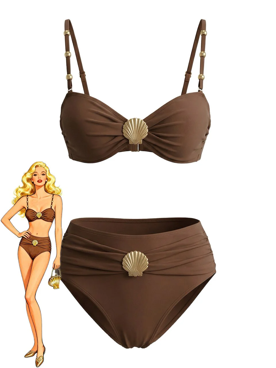 Braun 1970er Metall Muschel Dekor Gerafft Bikini Set