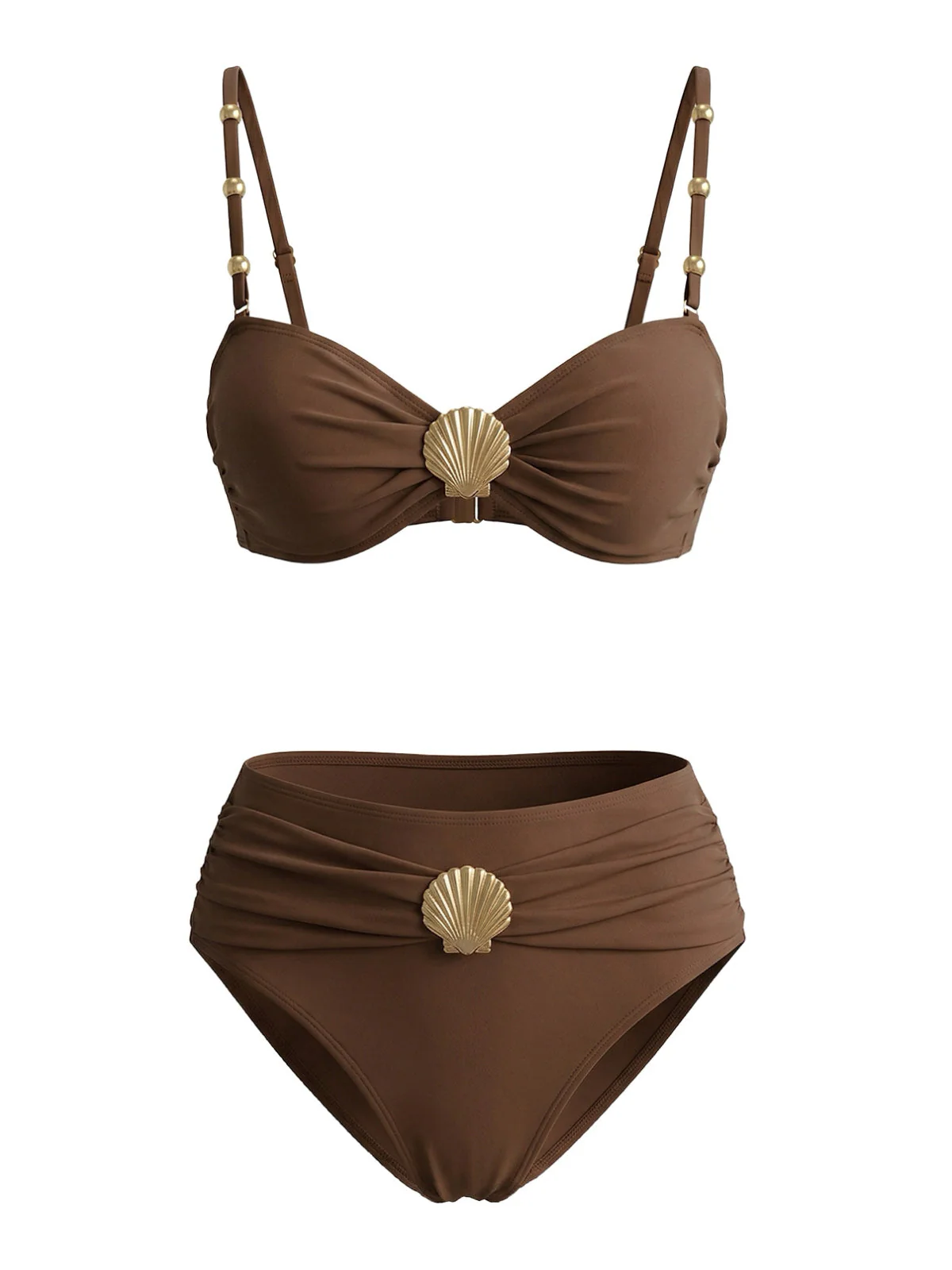 Braun 1970er Metall Muschel Dekor Gerafft Bikini Set - Image 2