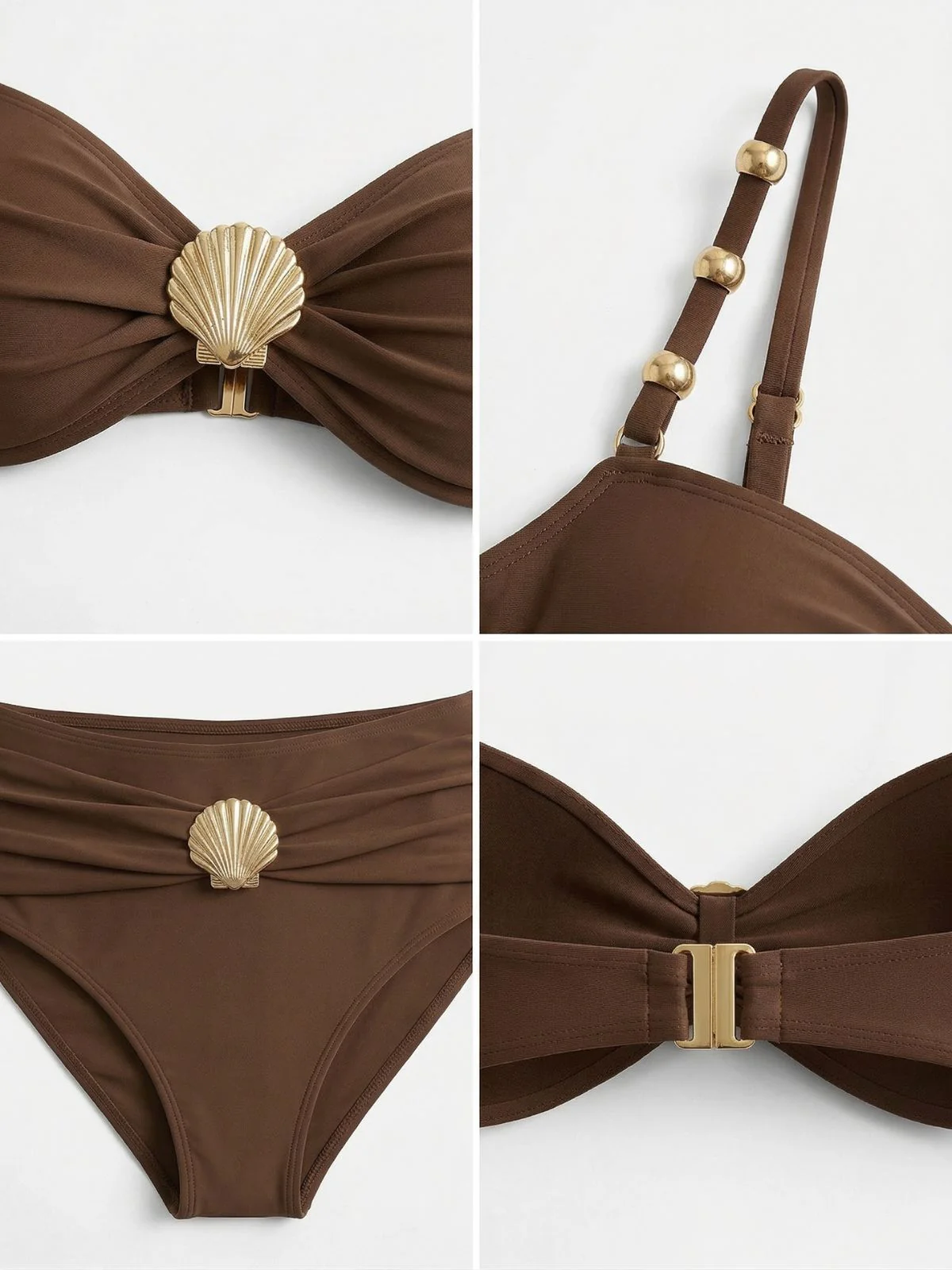 Braun 1970er Metall Muschel Dekor Gerafft Bikini Set - Image 4