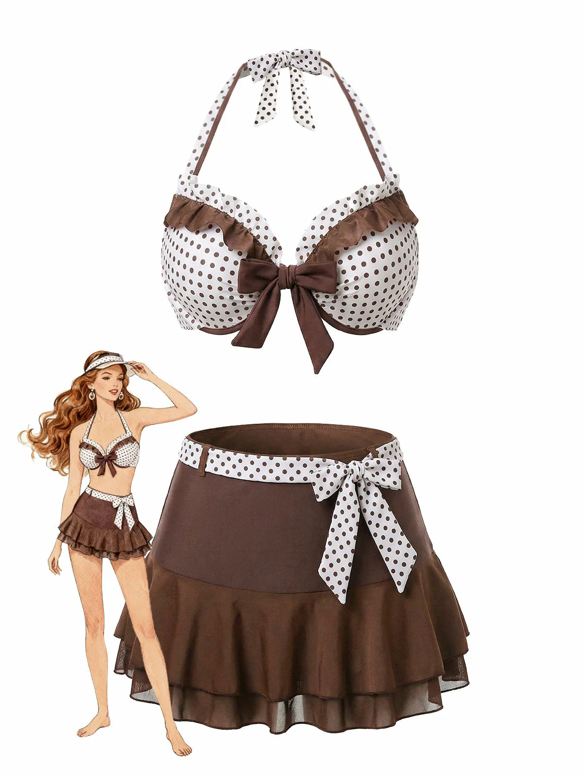 Braun 1970er Tupfen Rüschen Halter Bikini Set & Cover-Up