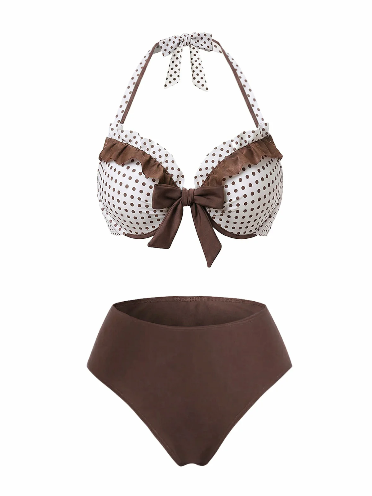 Braun 1970er Tupfen Rüschen Halter Bikini Set & Cover-Up - Image 2
